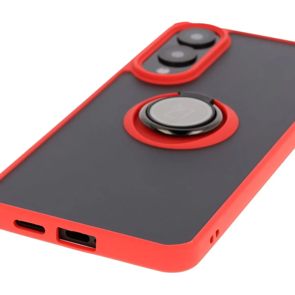 Etui z uchwytem na palec Bizon Case Hybrid Ring do Samsung Galaxy S25 Edge przydymione z czerwoną ramką