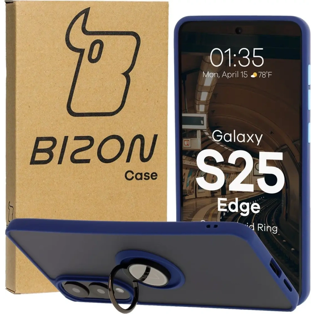 Etui z uchwytem na palec Bizon Case Hybrid Ring do Samsung Galaxy S25 Edge przydymione z granatową ramką