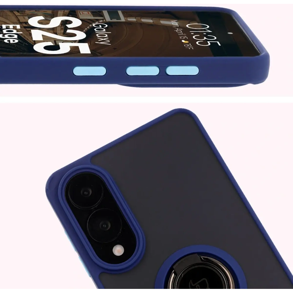 Etui z uchwytem na palec Bizon Case Hybrid Ring do Samsung Galaxy S25 Edge przydymione z granatową ramką