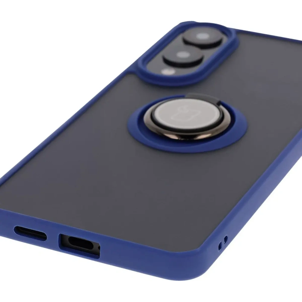 Etui z uchwytem na palec Bizon Case Hybrid Ring do Samsung Galaxy S25 Edge przydymione z granatową ramką