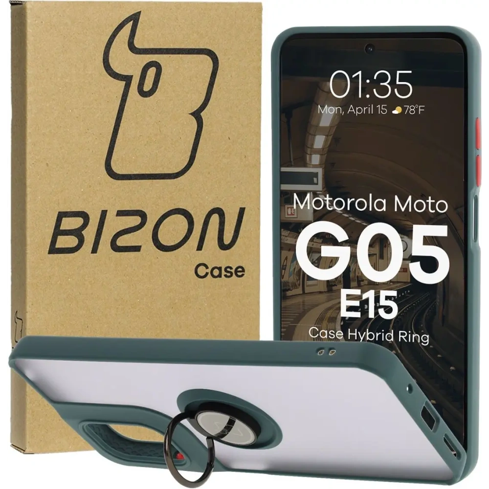 Etui z uchwytem na palec Bizon Case Hybrid Ring do Motorola Moto G05 / E15 przydymione z ciemnozieloną ramką