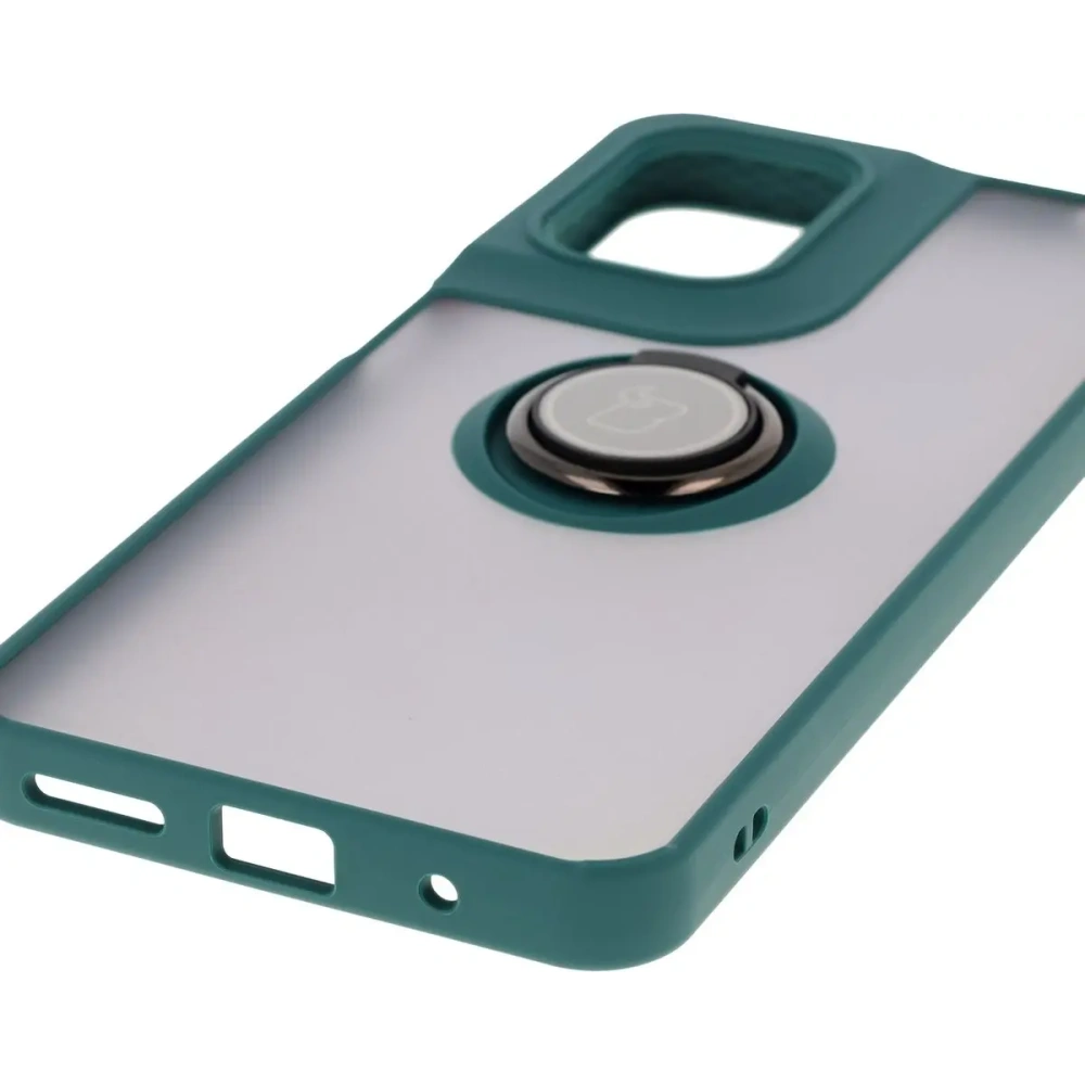 Etui z uchwytem na palec Bizon Case Hybrid Ring do Motorola Moto G05 / E15 przydymione z ciemnozieloną ramką