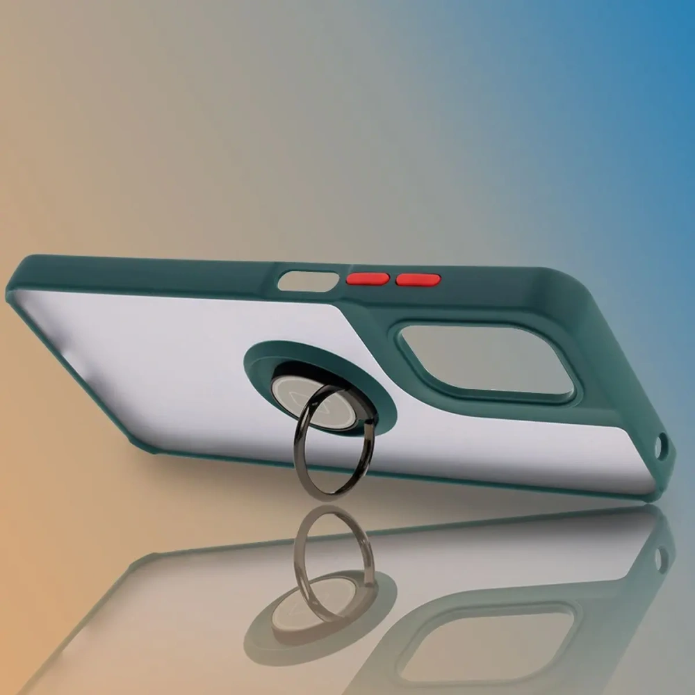 Etui z uchwytem na palec Bizon Case Hybrid Ring do Motorola Moto G05 / E15 przydymione z ciemnozieloną ramką