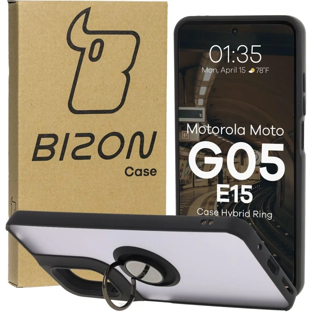 Etui z uchwytem na palec Bizon Case Hybrid Ring do Motorola Moto G05 / E15 przydymione z czarną ramką