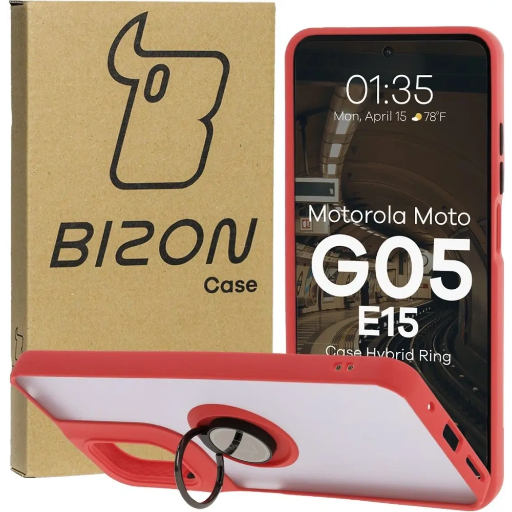 Etui z uchwytem na palec Bizon Case Hybrid Ring do Motorola Moto G05 / E15 przydymione z czerwoną ramką