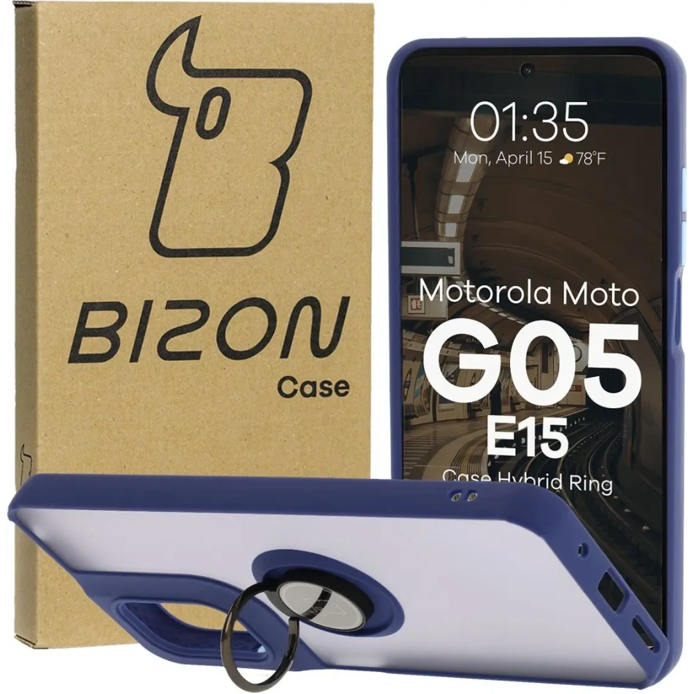 Etui z uchwytem na palec Bizon Case Hybrid Ring do Motorola Moto G05 / E15 przydymione z granatową ramką