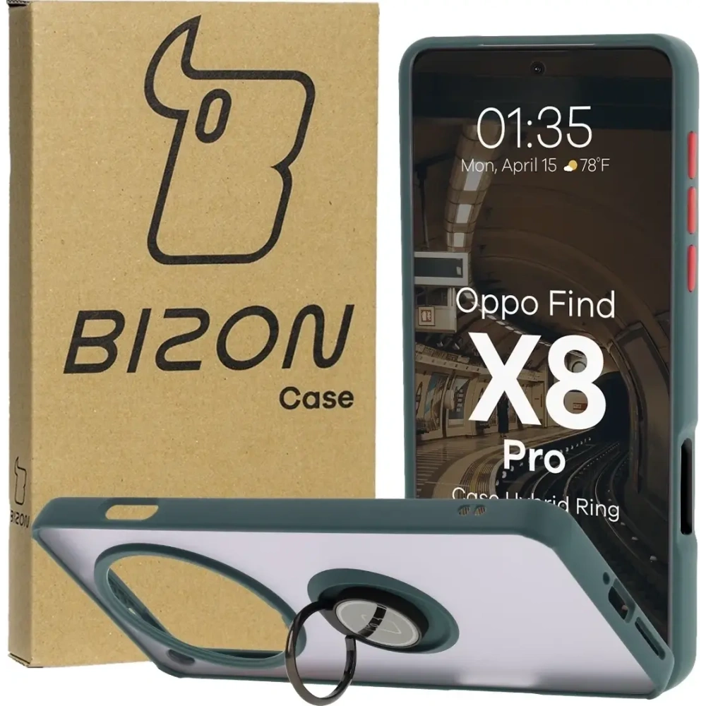 Etui z uchwytem na palec Bizon Case Hybrid Ring do Oppo Find X8 Pro przydymione z ciemnozieloną ramką