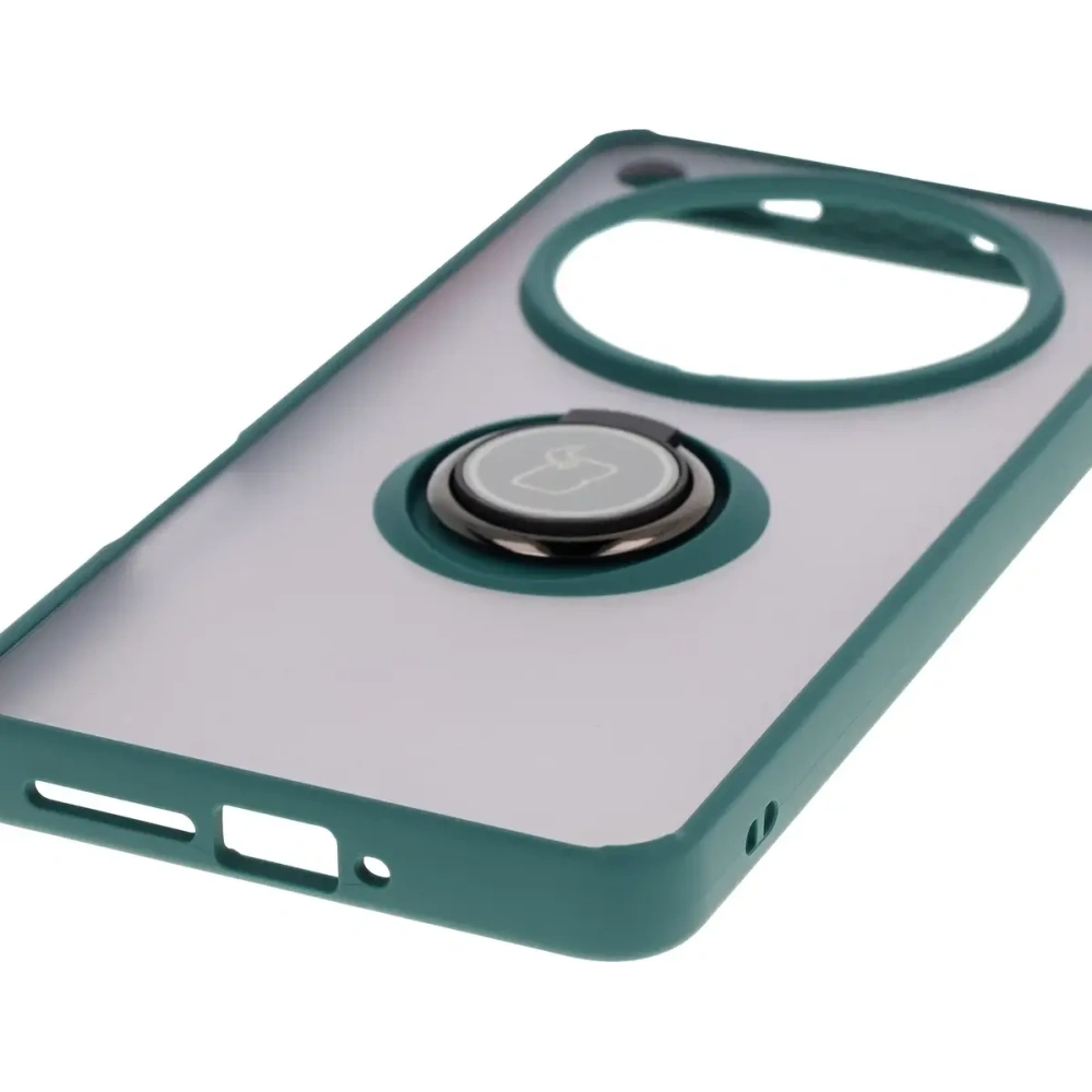 Etui z uchwytem na palec Bizon Case Hybrid Ring do Oppo Find X8 Pro przydymione z ciemnozieloną ramką