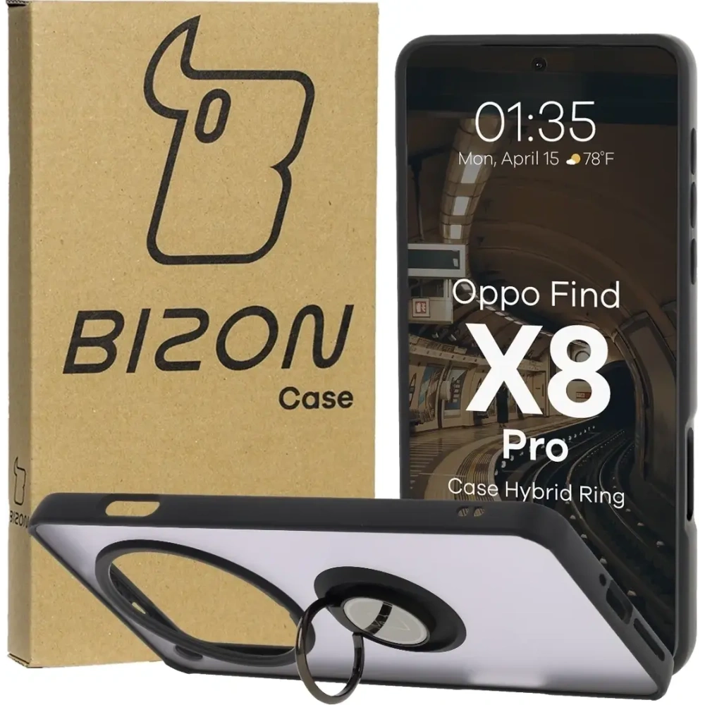 Etui z uchwytem na palec Bizon Case Hybrid Ring do Oppo Find X8 Pro przydymione z czarną ramką