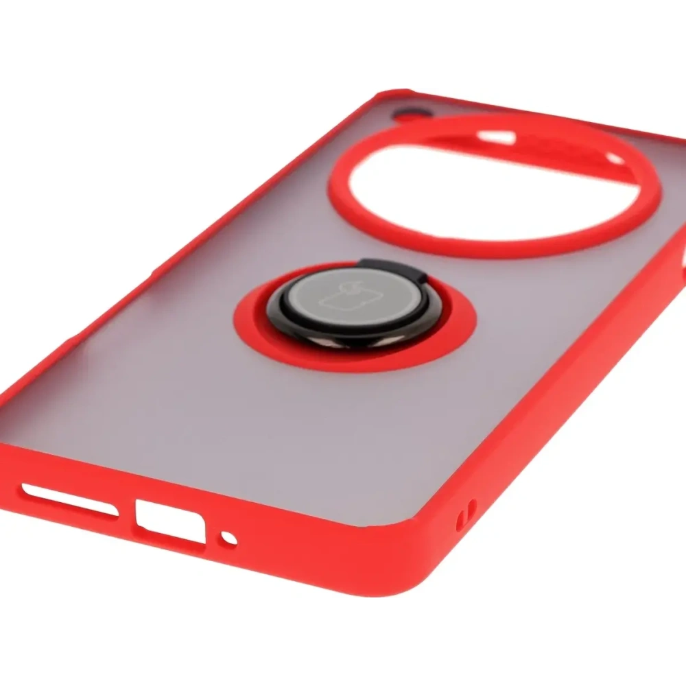 Etui z uchwytem na palec Bizon Case Hybrid Ring do Oppo Find X8 Pro przydymione z czerwoną ramką