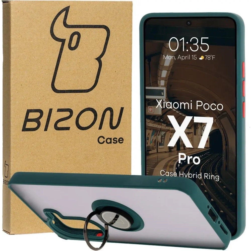 Etui z uchwytem na palec Bizon Case Hybrid Ring do Xiaomi Poco X7 Pro przydymione z ciemnozieloną ramką