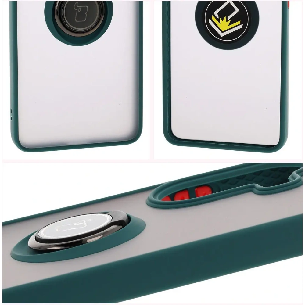 Etui z uchwytem na palec Bizon Case Hybrid Ring do Xiaomi Poco X7 Pro przydymione z ciemnozieloną ramką