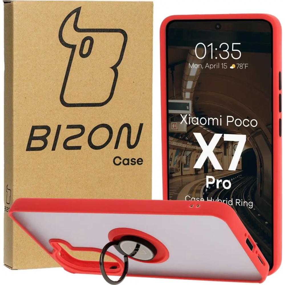 Etui z uchwytem na palec Bizon Case Hybrid Ring do Xiaomi Poco X7 Pro przydymione z czerwoną ramką