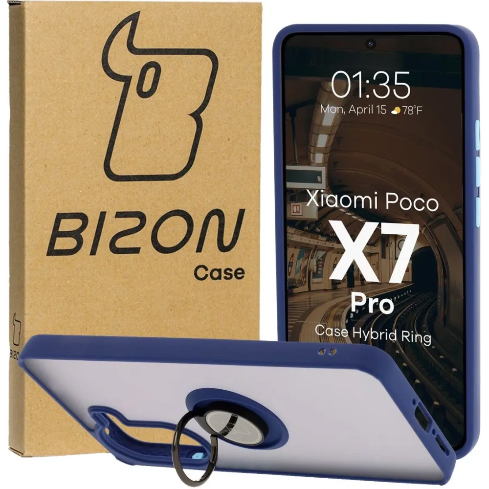 Etui z uchwytem na palec Bizon Case Hybrid Ring do Xiaomi Poco X7 Pro przydymione z granatową ramką