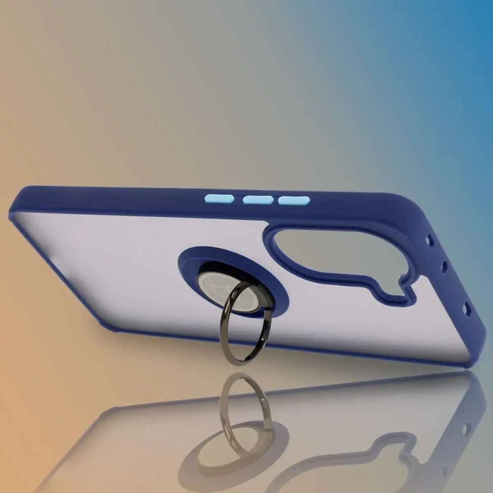 Etui z uchwytem na palec Bizon Case Hybrid Ring do Xiaomi Poco X7 Pro przydymione z granatową ramką