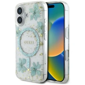Buy Guess Resin Flowers Glitter MagSafe Apple iPhone 16 turquoise - GUE4501 - {ean13} - Home Screen Store Europe