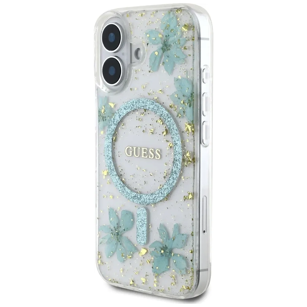 Etui Guess Resin Flowers Glitter MagSafe do Apple iPhone 16 turkusowy
