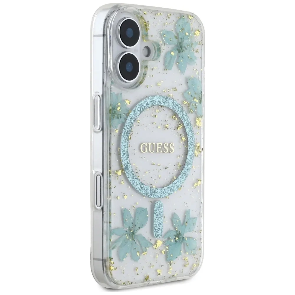 Etui Guess Resin Flowers Glitter MagSafe do Apple iPhone 16 turkusowy
