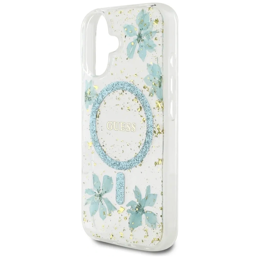 Etui Guess Resin Flowers Glitter MagSafe do Apple iPhone 16 turkusowy