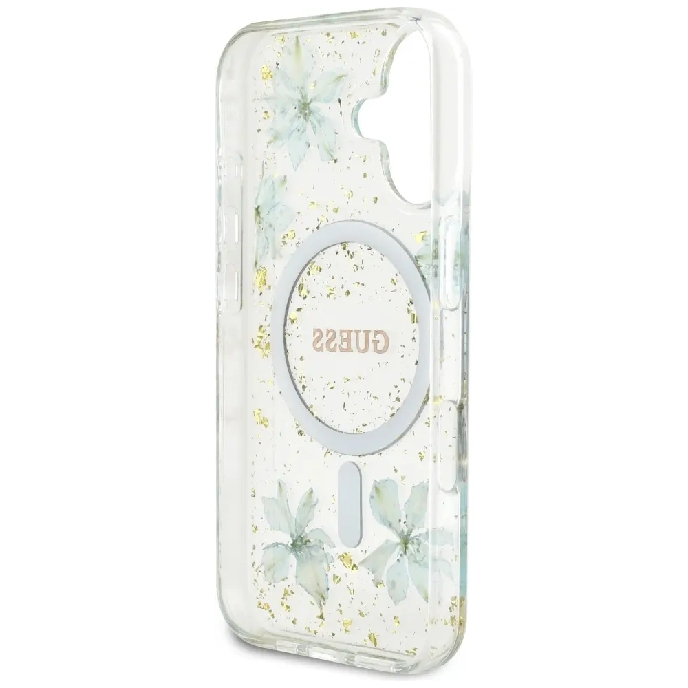 Etui Guess Resin Flowers Glitter MagSafe do Apple iPhone 16 turkusowy
