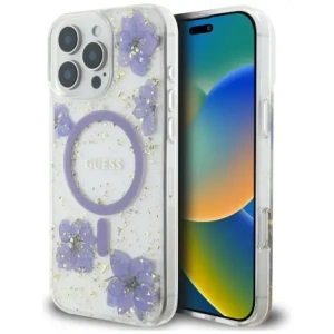 Kup Etui Guess Resin Flowers MagSafe do Apple iPhone 16 Pro fioletowy - GUE4502 - {ean13} - Sklep Home Screen