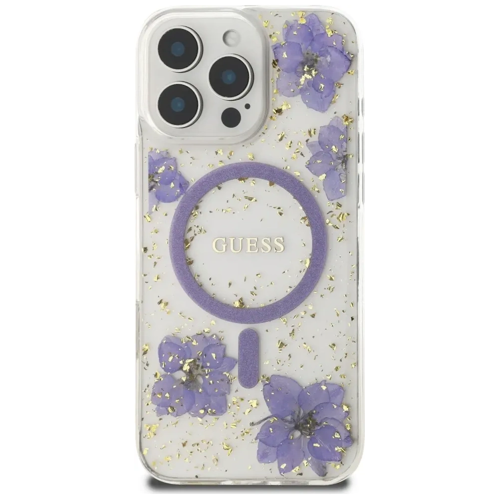 Etui Guess Resin Flowers MagSafe do Apple iPhone 16 Pro fioletowy