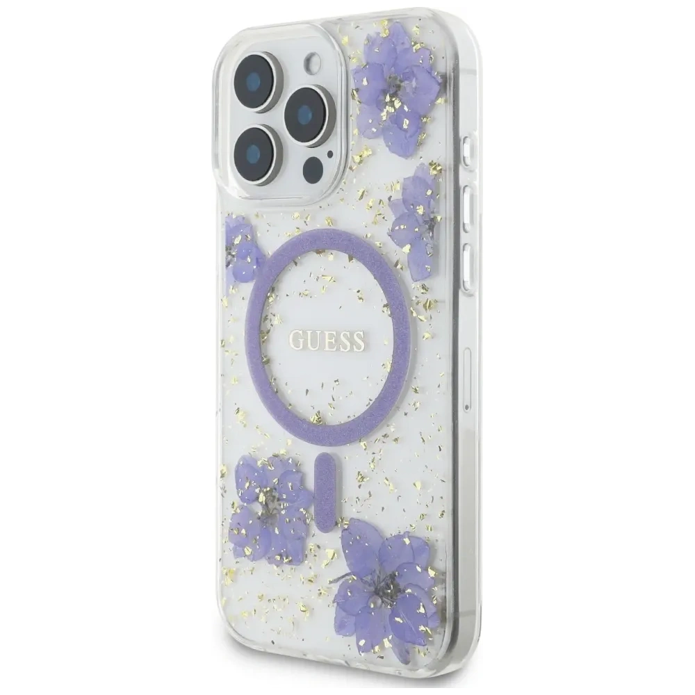 Etui Guess Resin Flowers MagSafe do Apple iPhone 16 Pro Max fioletowy