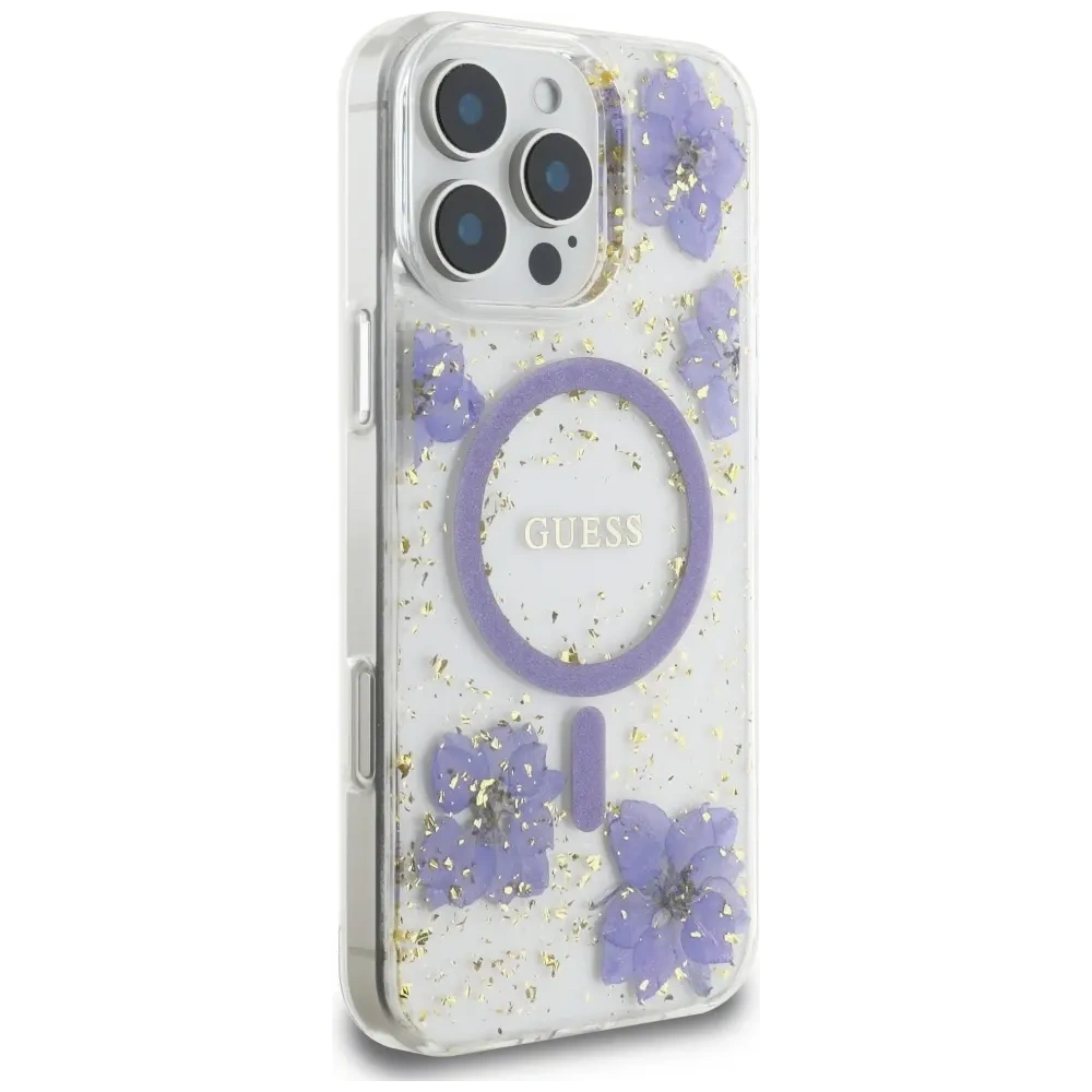 Etui Guess Resin Flowers MagSafe do Apple iPhone 16 Pro Max fioletowy