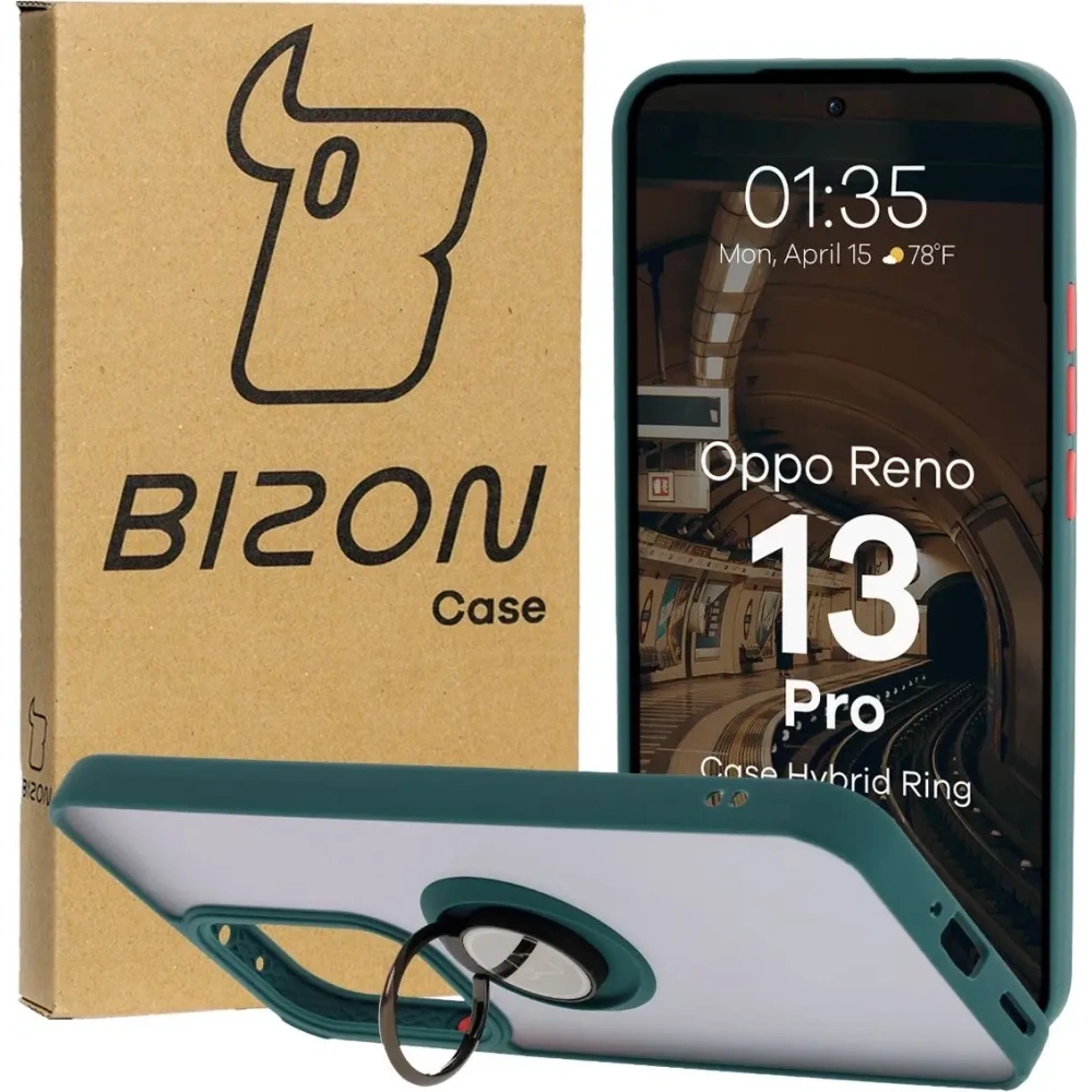 Etui z uchwytem na palec Bizon Case Hybrid Ring do Oppo Reno13 Pro przydymione z ciemnozieloną ramką