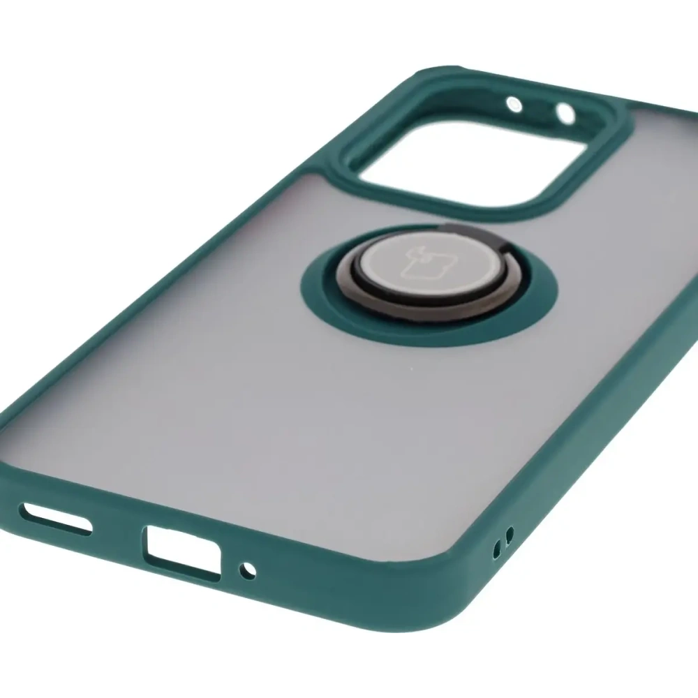 Etui z uchwytem na palec Bizon Case Hybrid Ring do Oppo Reno13 Pro przydymione z ciemnozieloną ramką