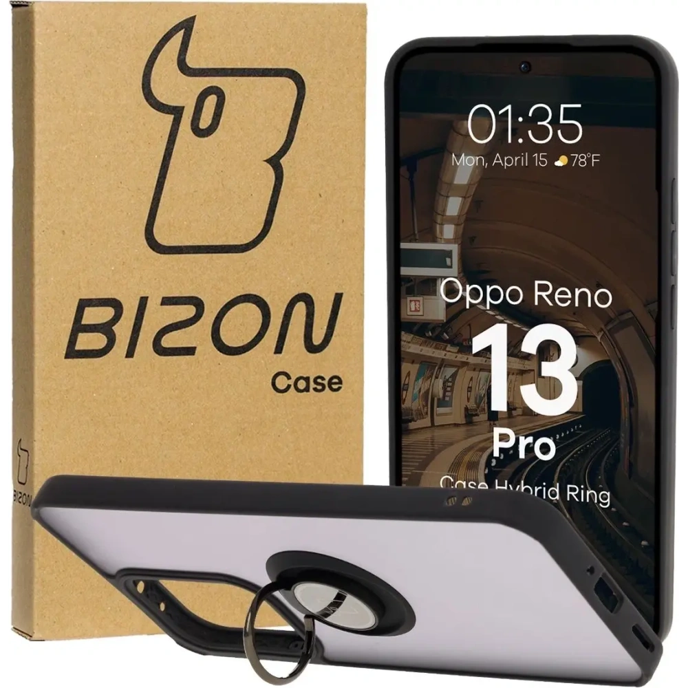 Etui z uchwytem na palec Bizon Case Hybrid Ring do Oppo Reno13 Pro przydymione z czarną ramką