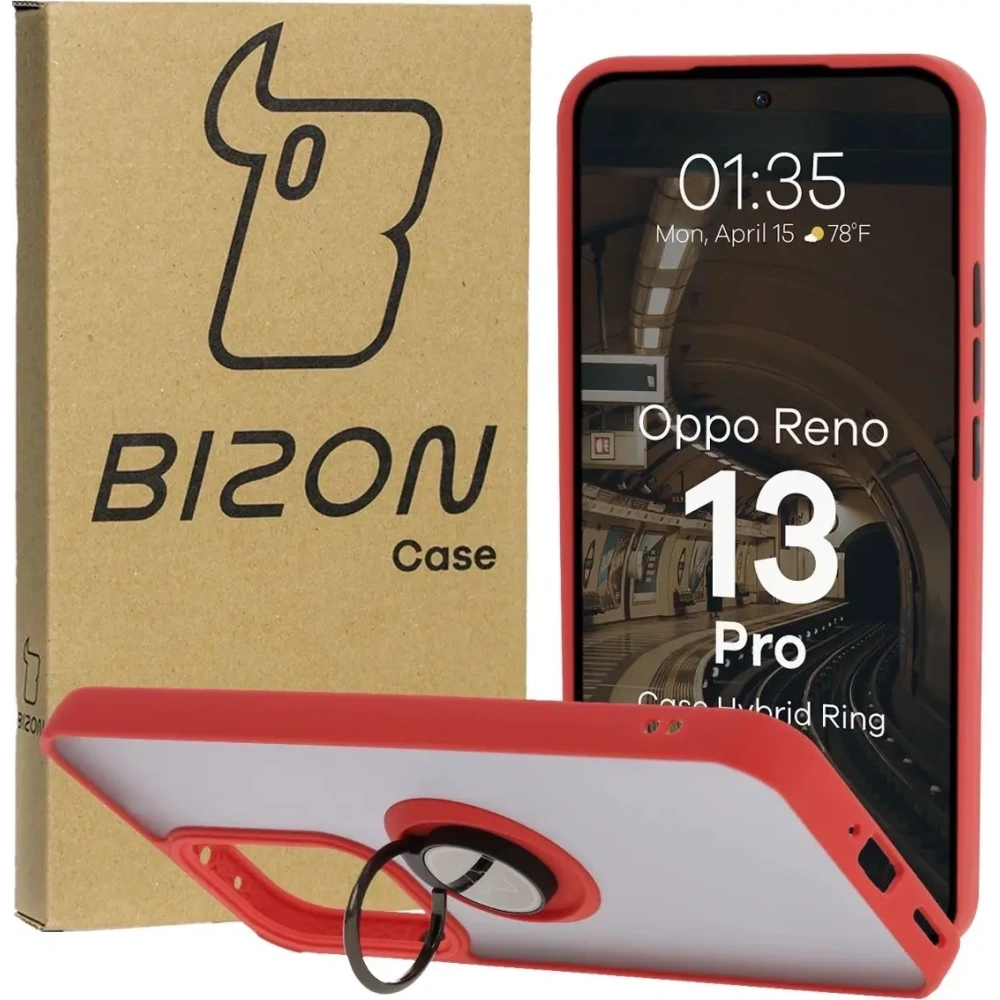 Etui z uchwytem na palec Bizon Case Hybrid Ring do Oppo Reno13 Pro przydymione z czerwoną ramką