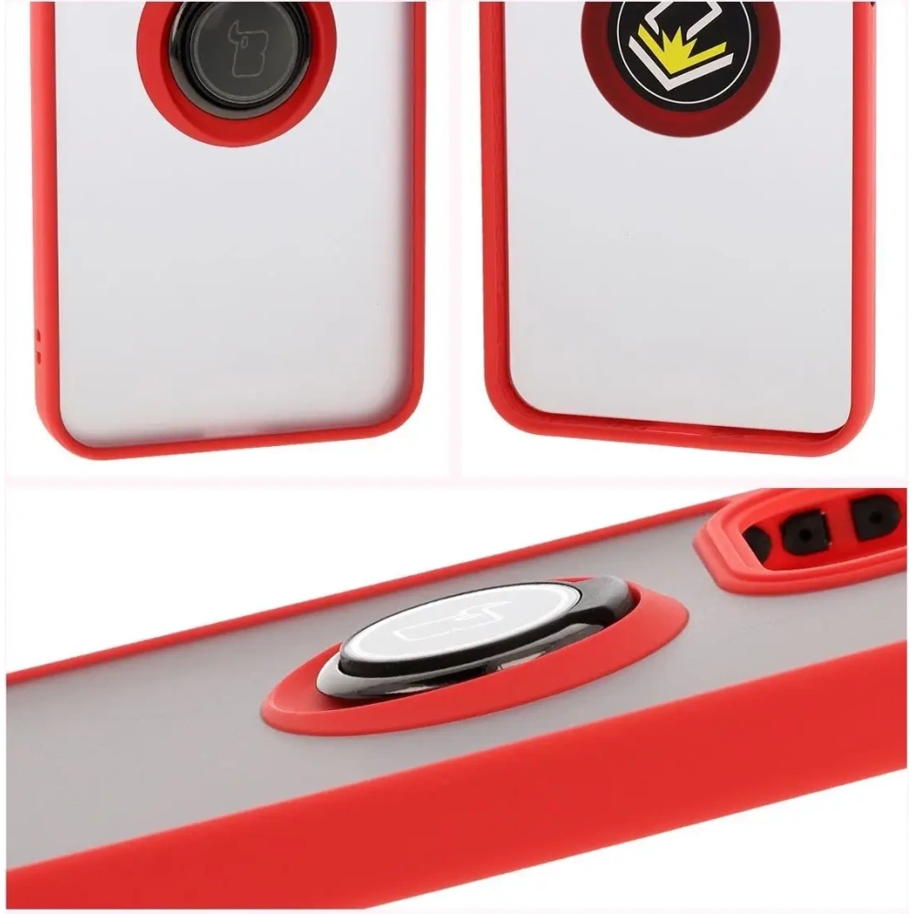 Etui z uchwytem na palec Bizon Case Hybrid Ring do Oppo Reno13 Pro przydymione z czerwoną ramką