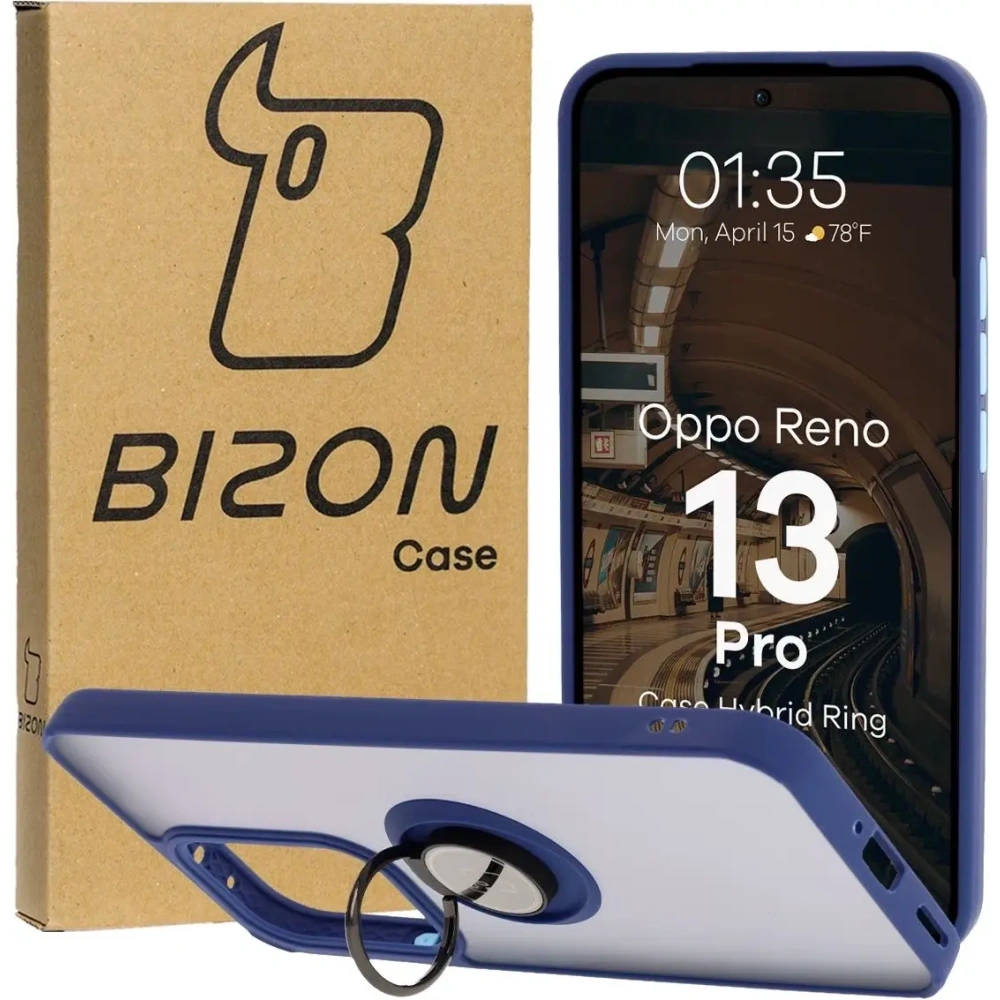 Etui z uchwytem na palec Bizon Case Hybrid Ring do Oppo Reno13 Pro przydymione z granatową ramką