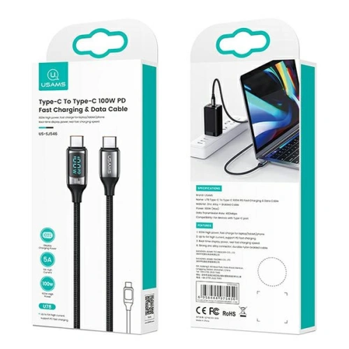 Buy [CR] USAMS U78 USB-C/USB-C LED Cable 3m 100W Fast Charging black/black US-SJ559 - OT-875 - {ean13} - Home Screen Store Europe