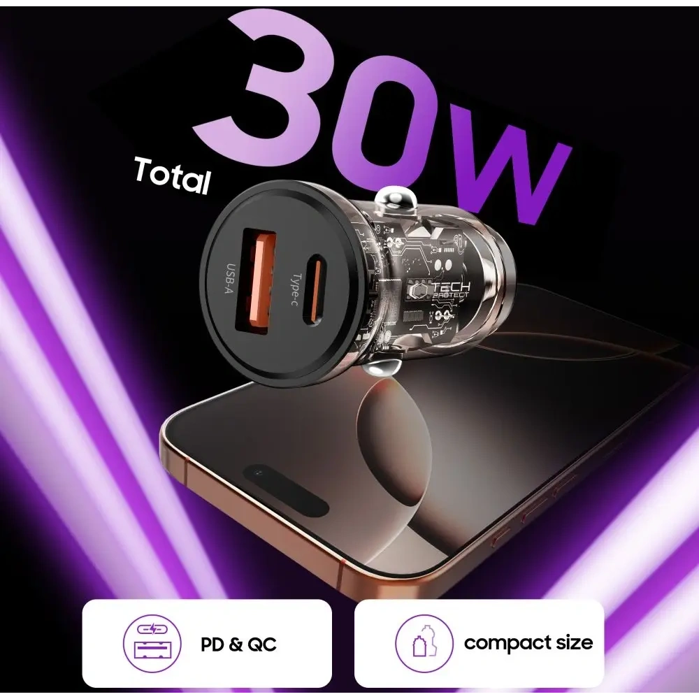 Ładowarka samochodowa Tech-Protect CC01 2-port Car Charger USB-A, USB-C PD 30W / QC 3.0 Black