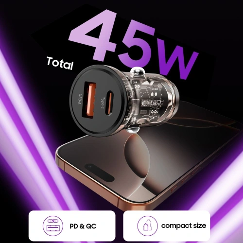 Kup Ładowarka samochodowa Tech-Protect CC01 2-port Car Charger USB-A, USB-C PD 45W / QC 3.0 Black - THP4074 - {ean13} - Sklep Home Screen