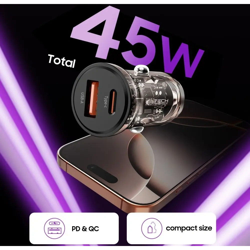 Ładowarka samochodowa Tech-Protect CC01 2-port Car Charger USB-A, USB-C PD 45W / QC 3.0 Black