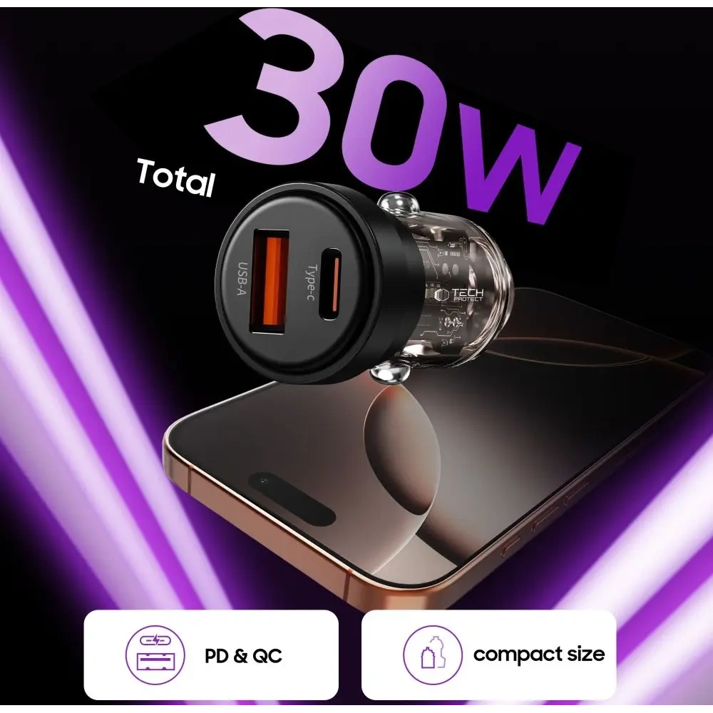 Ładowarka samochodowa Tech-Protect CC03 2-port Car Charger USB-A, USB-C PD 30W / QC 3.0 Black
