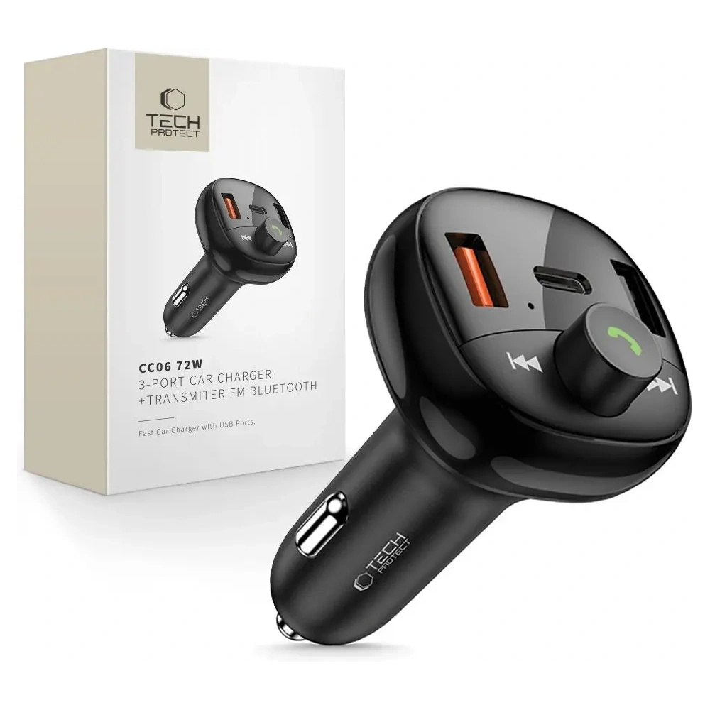 Ładowarka samochodowa Tech-Protect CC06 3-port Car Charger 2xUSB-A, USB-C PD 72W + Transmiter FM Bluetooth Black