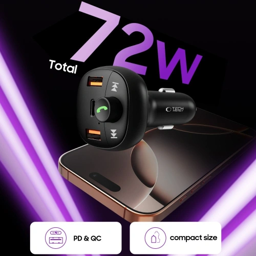 Kup Ładowarka samochodowa Tech-Protect CC06 3-port Car Charger 2xUSB-A, USB-C PD 72W + Transmiter FM Bluetooth Black - THP4078 - {ean13} - Sklep Home Screen