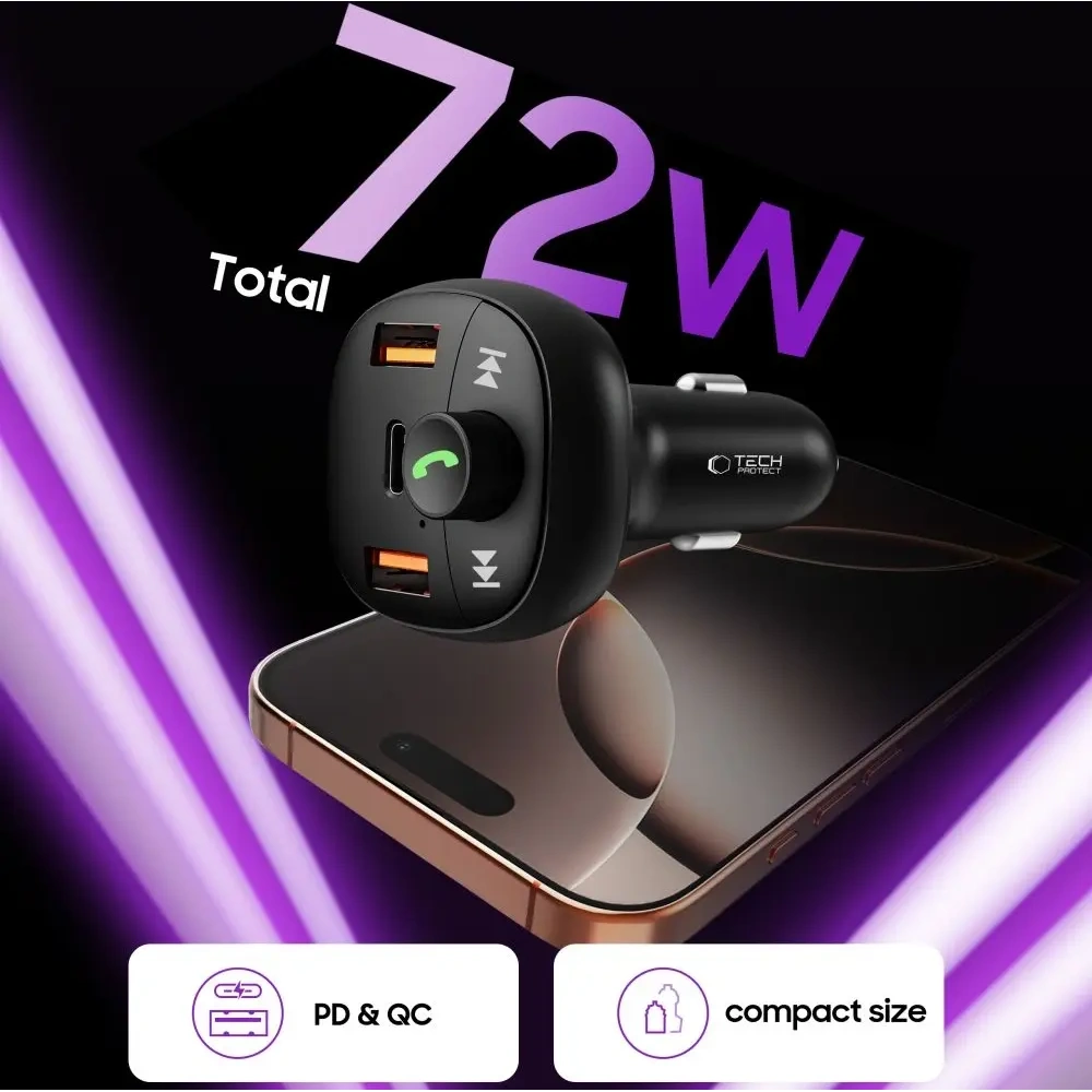 Ładowarka samochodowa Tech-Protect CC06 3-port Car Charger 2xUSB-A, USB-C PD 72W + Transmiter FM Bluetooth Black