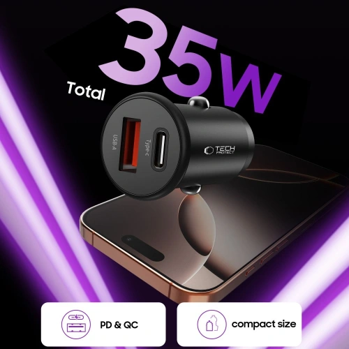 Kup Ładowarka samochodowa Tech-Protect CC02 2-port Car Charger USB-A, USB-C PD 35W / QC 3.0 Black - THP4079 - {ean13} - Sklep Home Screen