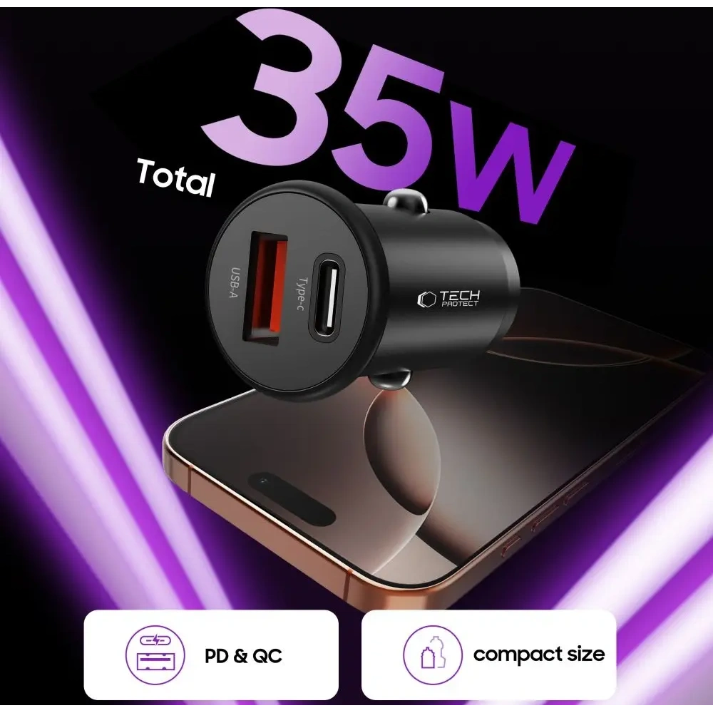 Ładowarka samochodowa Tech-Protect CC02 2-port Car Charger USB-A, USB-C PD 35W / QC 3.0 Black