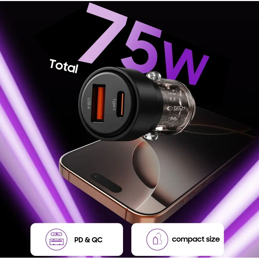 Ładowarka samochodowa Tech-Protect CC03 2-port Car Charger USB-A, USB-C PD 75W Black