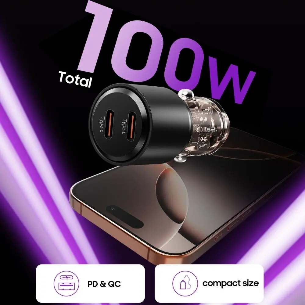 Ładowarka samochodowa Tech-Protect CC03 2-port 2xUSB-C Car Charger PD 100W Black