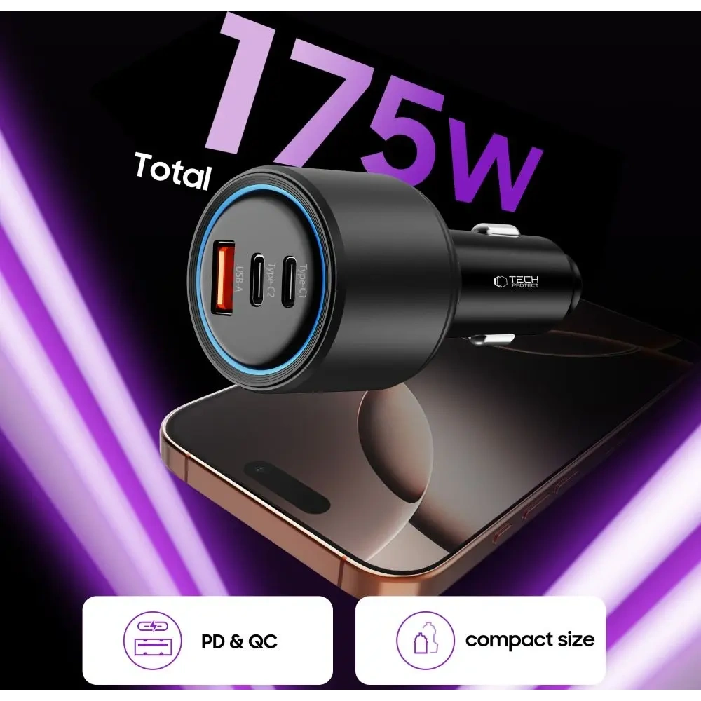 Ładowarka samochodowa Tech-Protect CC04 3-port Car Charger USB-A, 2xUSB-C PD 175W Black