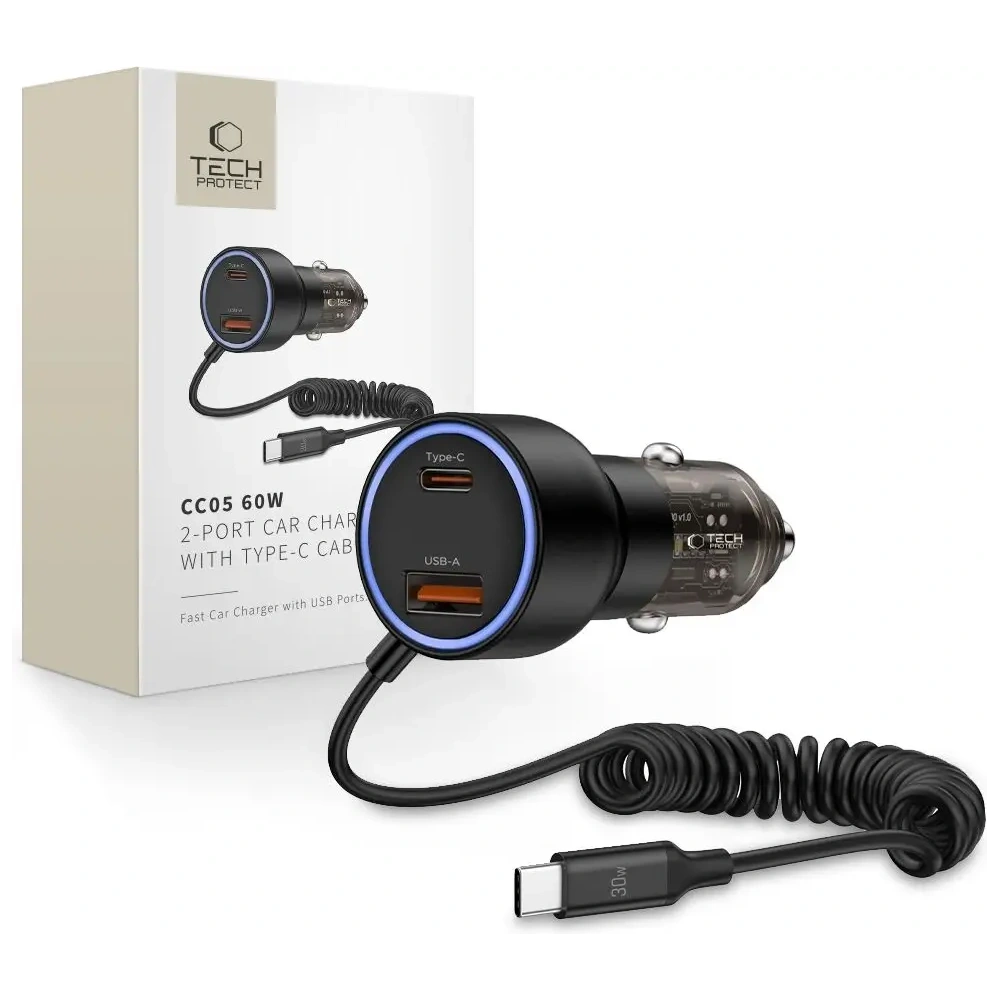 Ładowarka samochodowa Tech-Protect CC05 2-port Car Charger USB-A, USB-C PD 60W + USB-C Cable Black