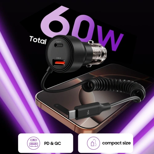 Kup Tech-Protect CC05 2-portový auto nabíječ USB-A, USB-C PD 60W + USB-C kabel černý - THP4084 - {ean13} - Sklep Home Screen