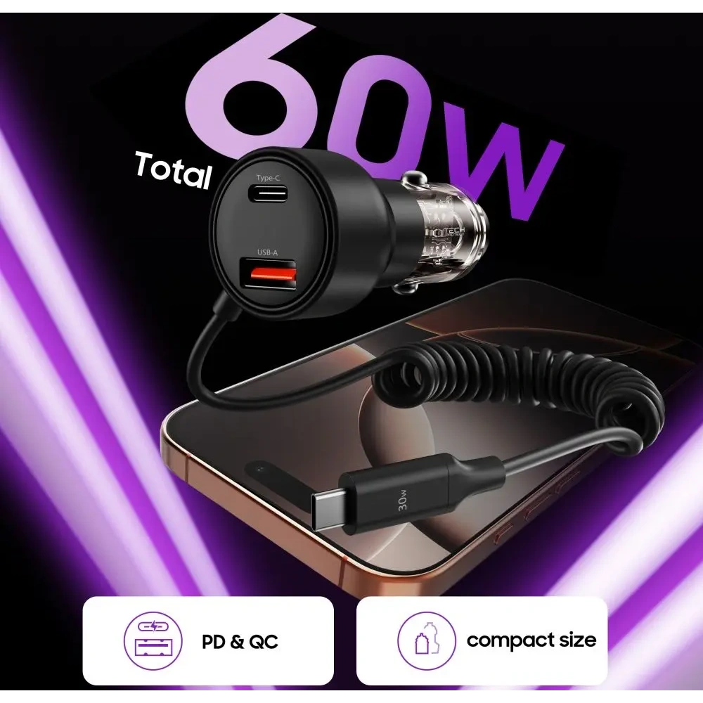 Ładowarka samochodowa Tech-Protect CC05 2-port Car Charger USB-A, USB-C PD 60W + USB-C Cable Black